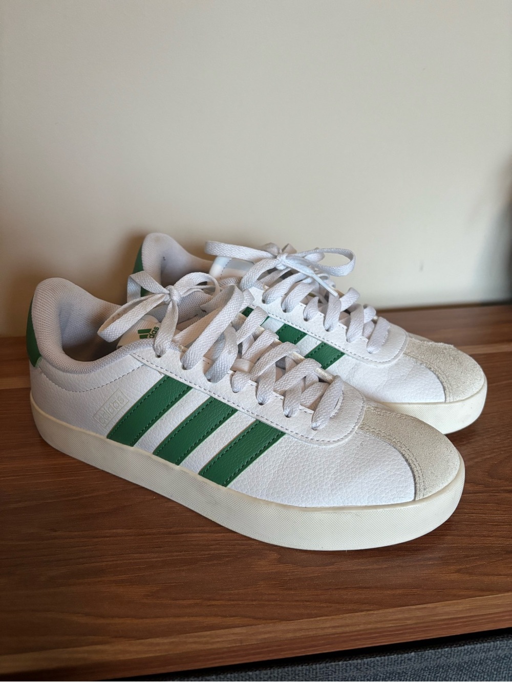 Adidas White Sneakers with Green Three-Stripes
